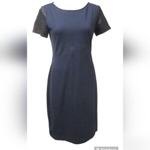 Theory Navy With Black Leather Sleeves Dress, Sz 4, EUC